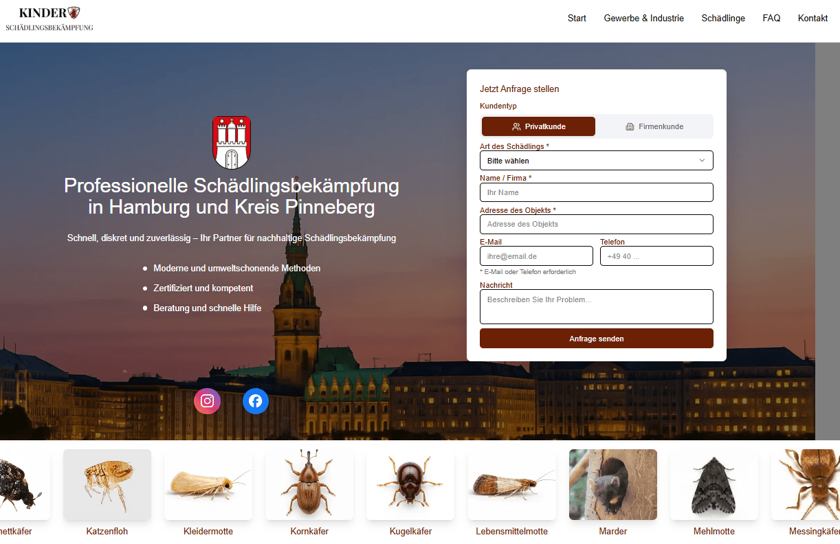 Kinder Schädlingsbekämpfung Website nachher – neue Startseite