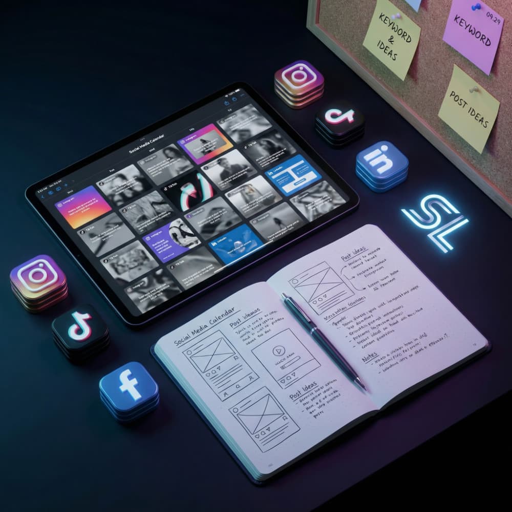 Content-Planung und Social-Media-Layout auf einem Bildschirm